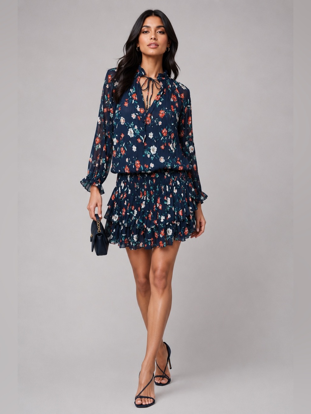 Anthropologie Current Air Navy Floral Flowy Ribbon Pleated Bell Sleeve Dress S